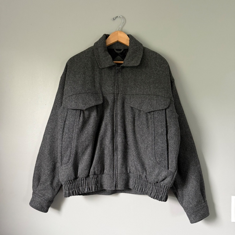Vintage Wool Blend Gray Full Zip Bomber Jacket William Barry Benchwarmer Large